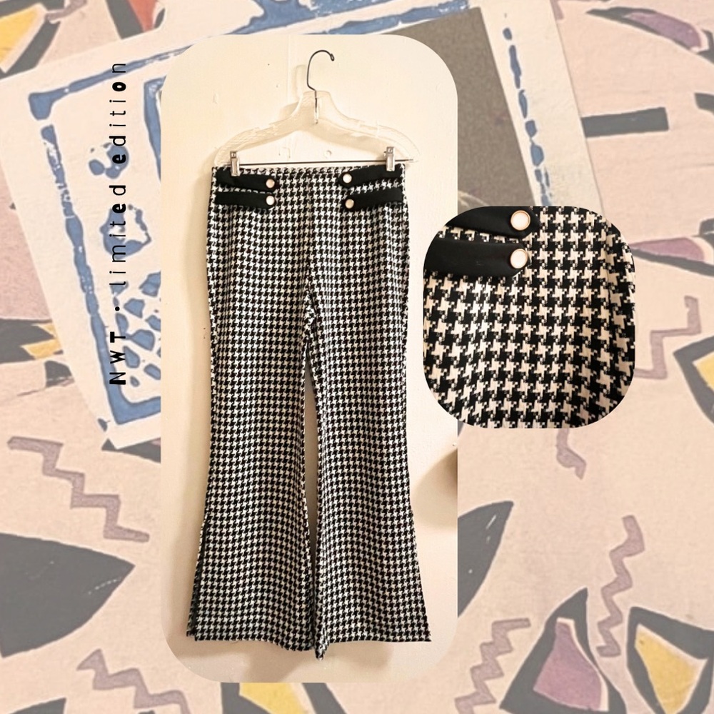 nwt 🆕 black & white houndstooth herringbone pullon wide leg leggings front slits